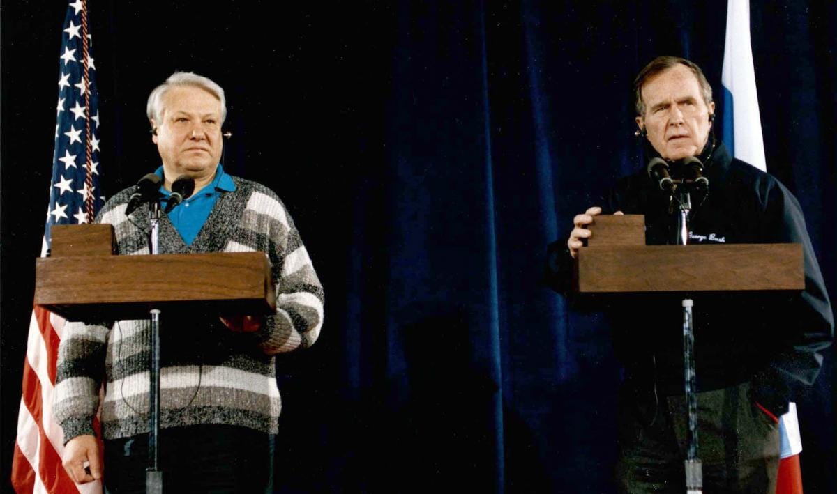 President Bush and Russian President Yeltsin announce the end of the cold war during a press conference at Camp David, February 1, 1992. President Bush and Russian President Yeltsin announce the end of the cold war during a press conference at Camp David, February 1, 1992.