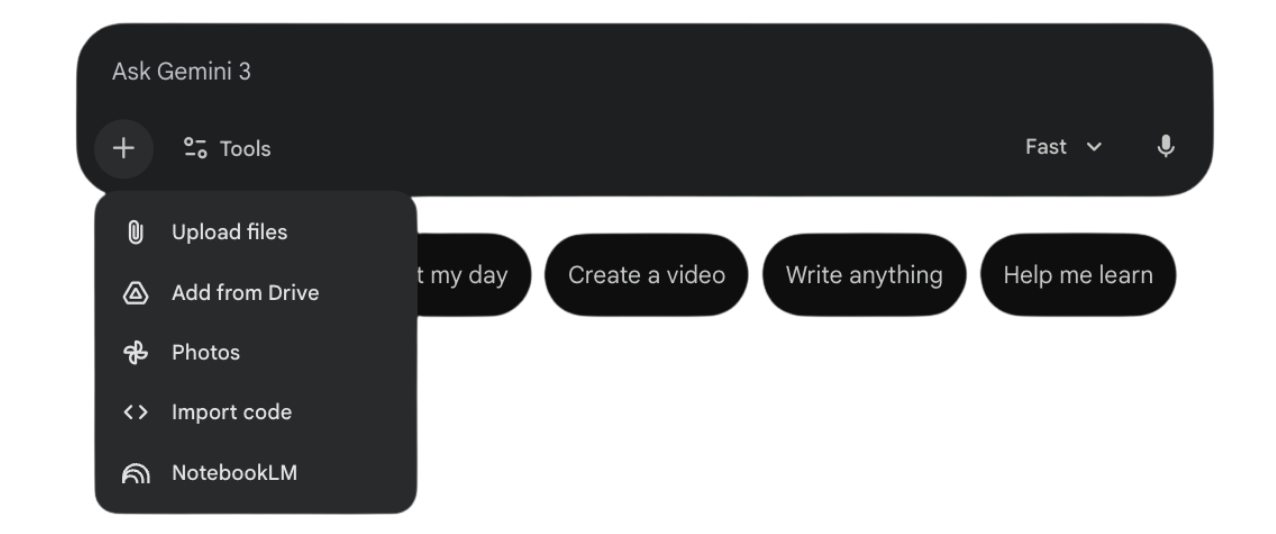 Gemini file upload dropdown menu showing five options: Upload files, Add from Drive, Photos, Import code, and NotebookLM Gemini file upload dropdown menu showing five options: Upload files, Add from Drive, Photos, Import code, and NotebookLM