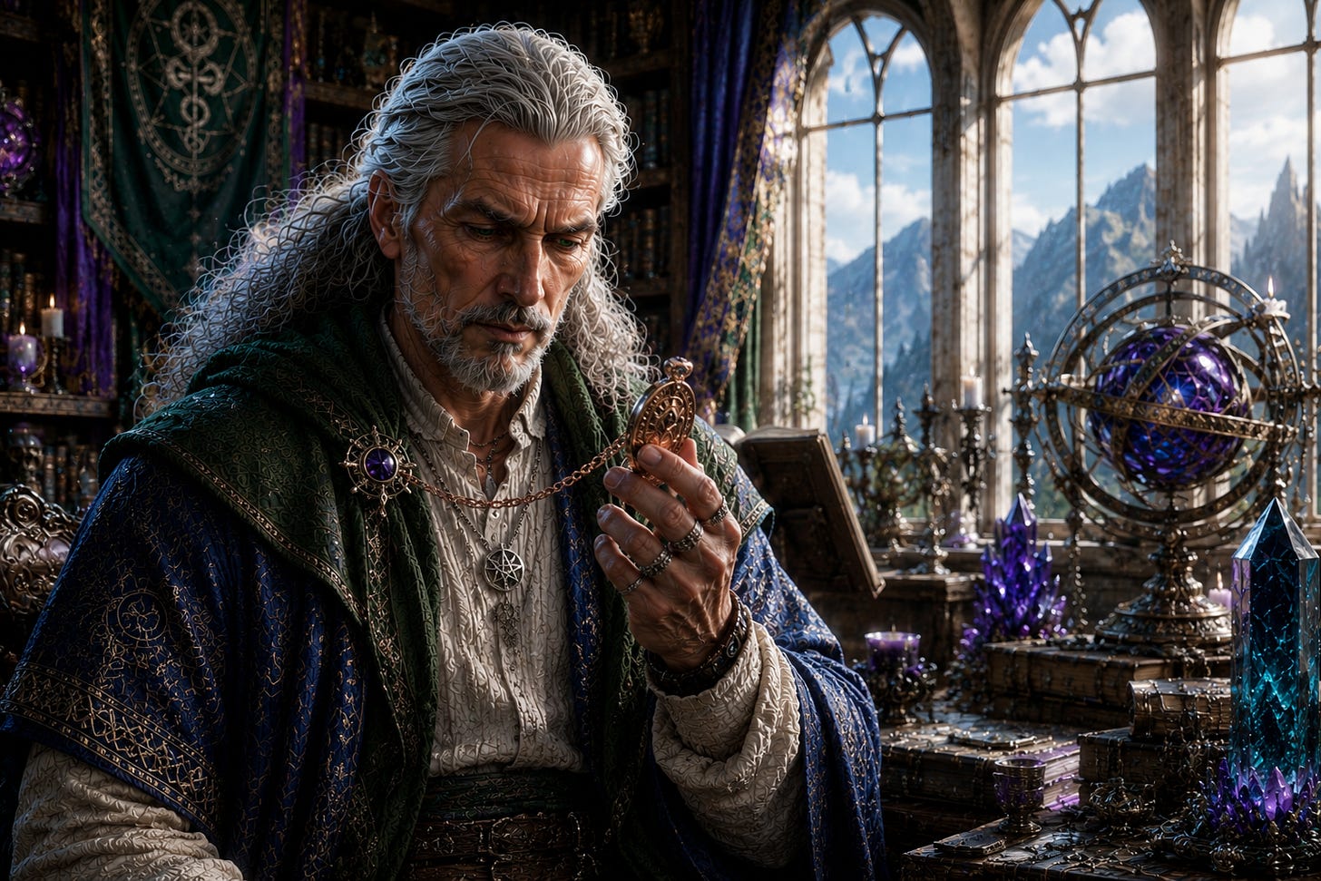 Obryn looking at his wifes image in  a necklace.