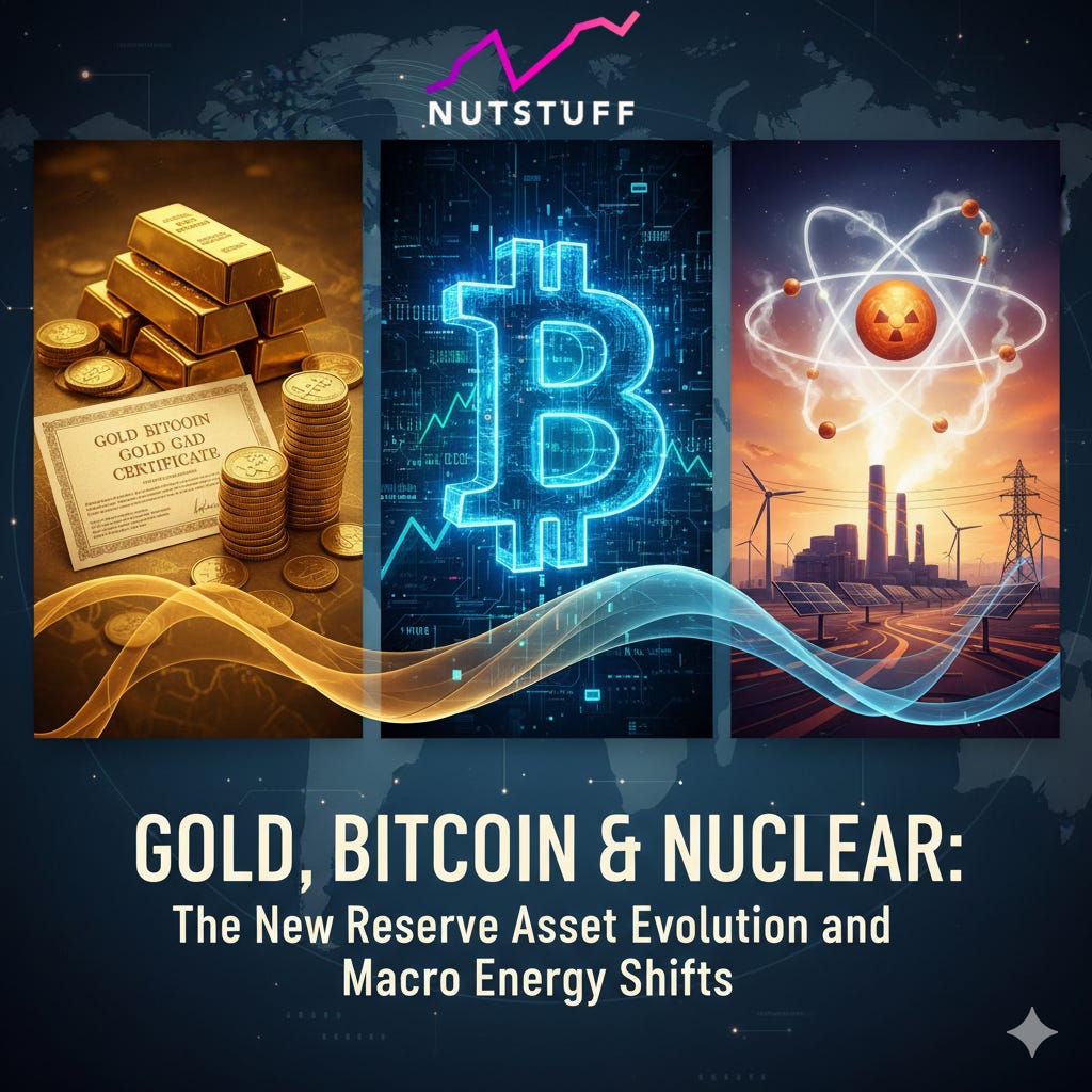 Illustration showing gold, Bitcoin, and nuclear energy as new reserve assets amid changing macroeconomic landscapes.