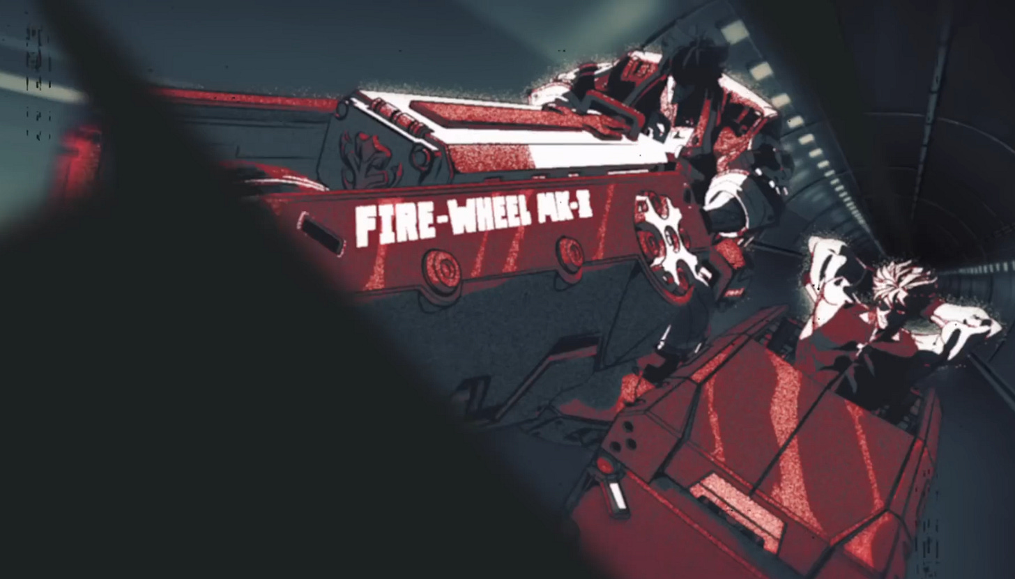 Sol and Sin sitting in the Fire-Wheel Mk.II motorcycle and its side car. The shot is framed by the straight edges and loops of the Dual Rulers logo text.