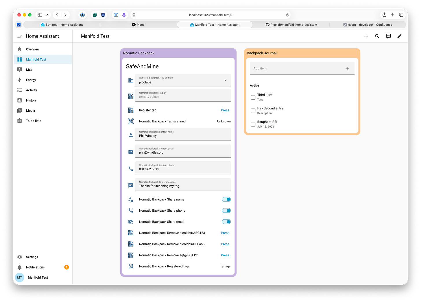 Manifold Dashboard showing Safe & Mine and Journal controls