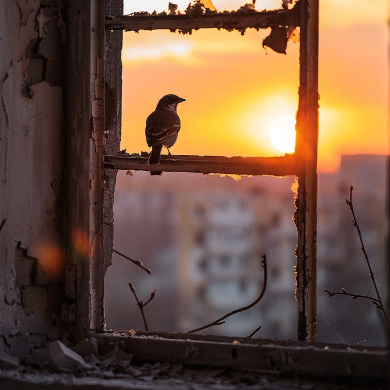 A little bird sits in a bombed-out window. A little bird sits in a bombed-out window.