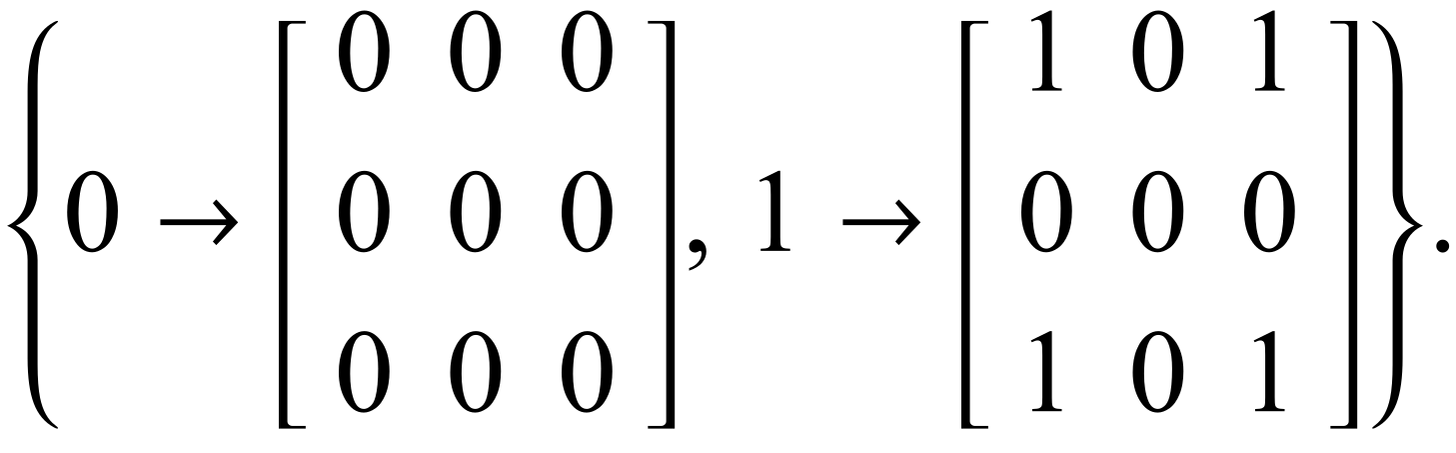  {0->[0 0 0; 0 0 0; 0 0 0],1->[1 0 1; 0 0 0; 1 0 1]}. 