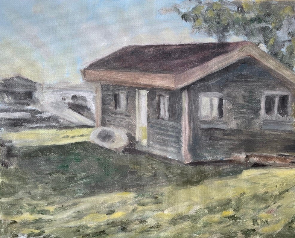 An oil painting of a boathouse in front of a dock and a lake with sun shining from the right.