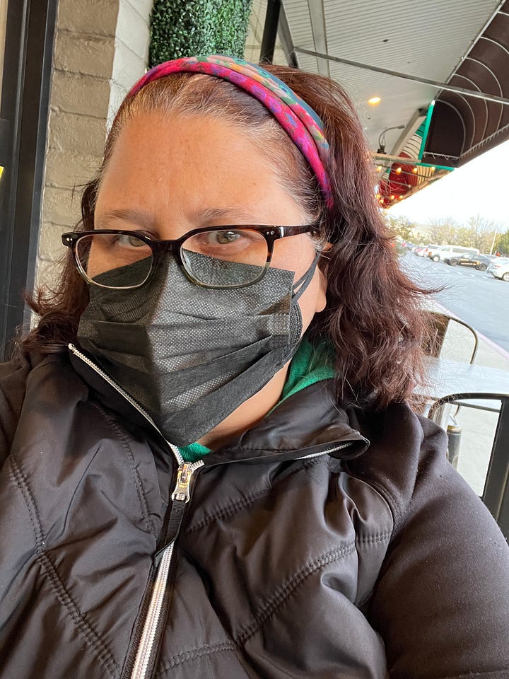 image of girl with glasses and a mask; image of Thai food