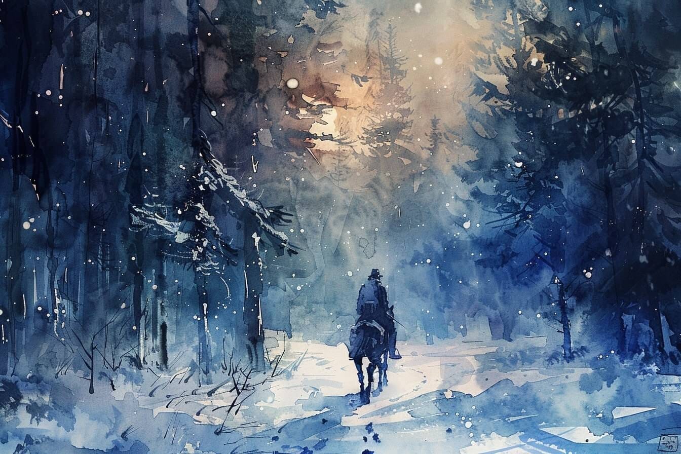 A person riding a horse through the snow

Description automatically generated