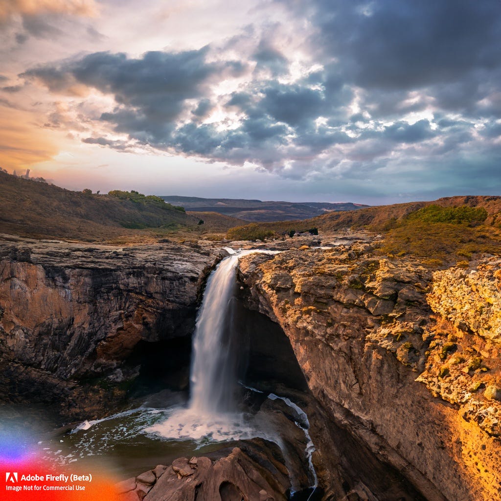 Photorealistic AI-generated image of a waterfall along a cliff edge, with stormy clouds in the sky. Photorealistic AI-generated image of a waterfall along a cliff edge, with stormy clouds in the sky.