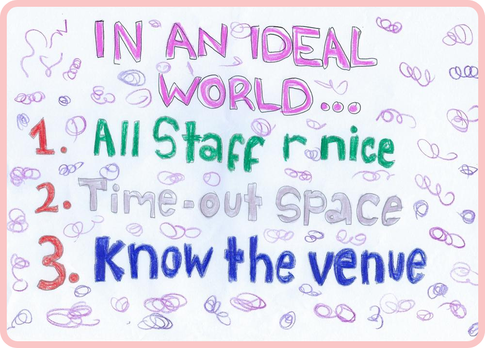 A sketch in crayon. At the top of the page, bold capital letters read "IN AN IDEAL WORLD", and below it: "1. All Staff R Nice, 2. Time-Out Space, 3. Know the Venue."