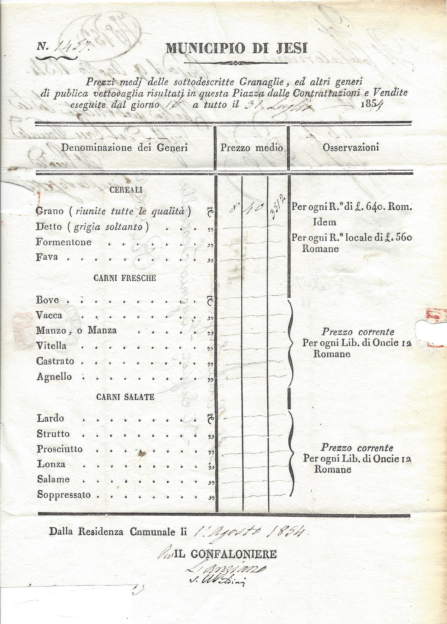 Document for prices with only grain amount entered