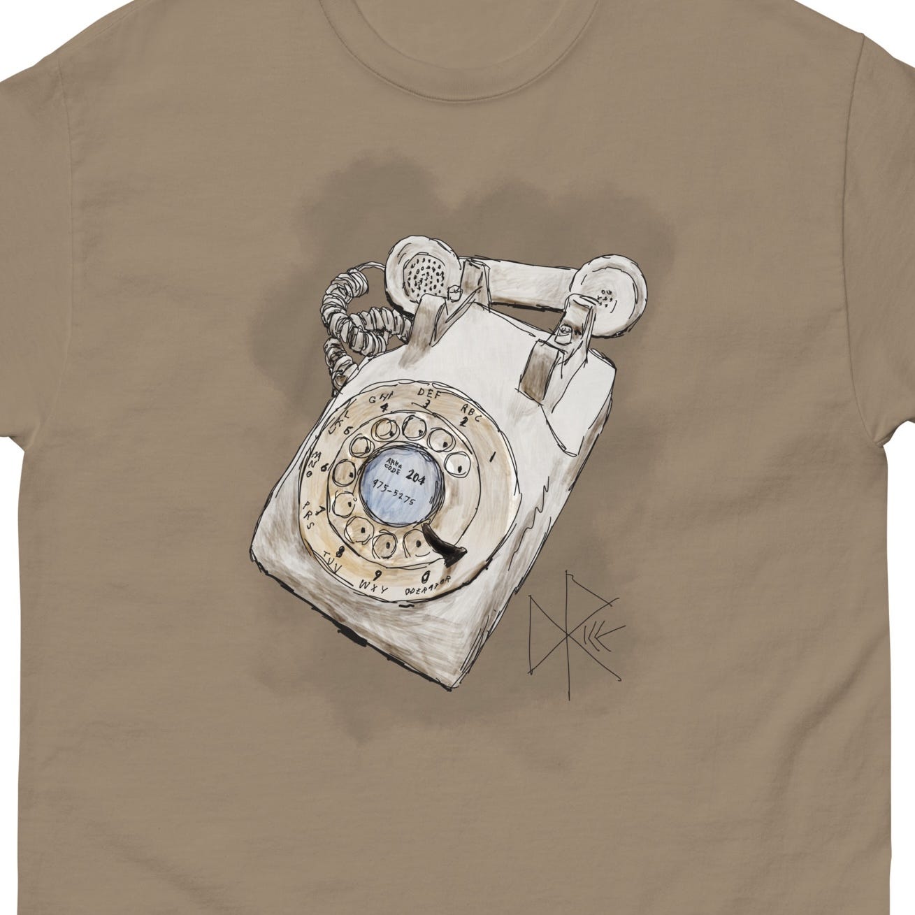 A rotary desk phone, handset resting beside the phone. Sketch art by Don Rice. A rotary desk phone, handset resting beside the phone. Sketch art by Don Rice.
