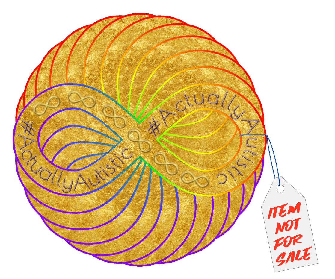 Globe made from 12 rotated gold infinity symbols that each have rainbow edges. The top infinity contains the text #ActuallyAutistic once on each side, separated by 6 smaller gold infinity symbols. Hanging from the left side of the globe is a tag that says "Item Not For Sale"