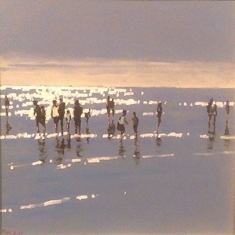 painting  of many people standing at the edge of the ocean silhouetted but the light sparkling off the water