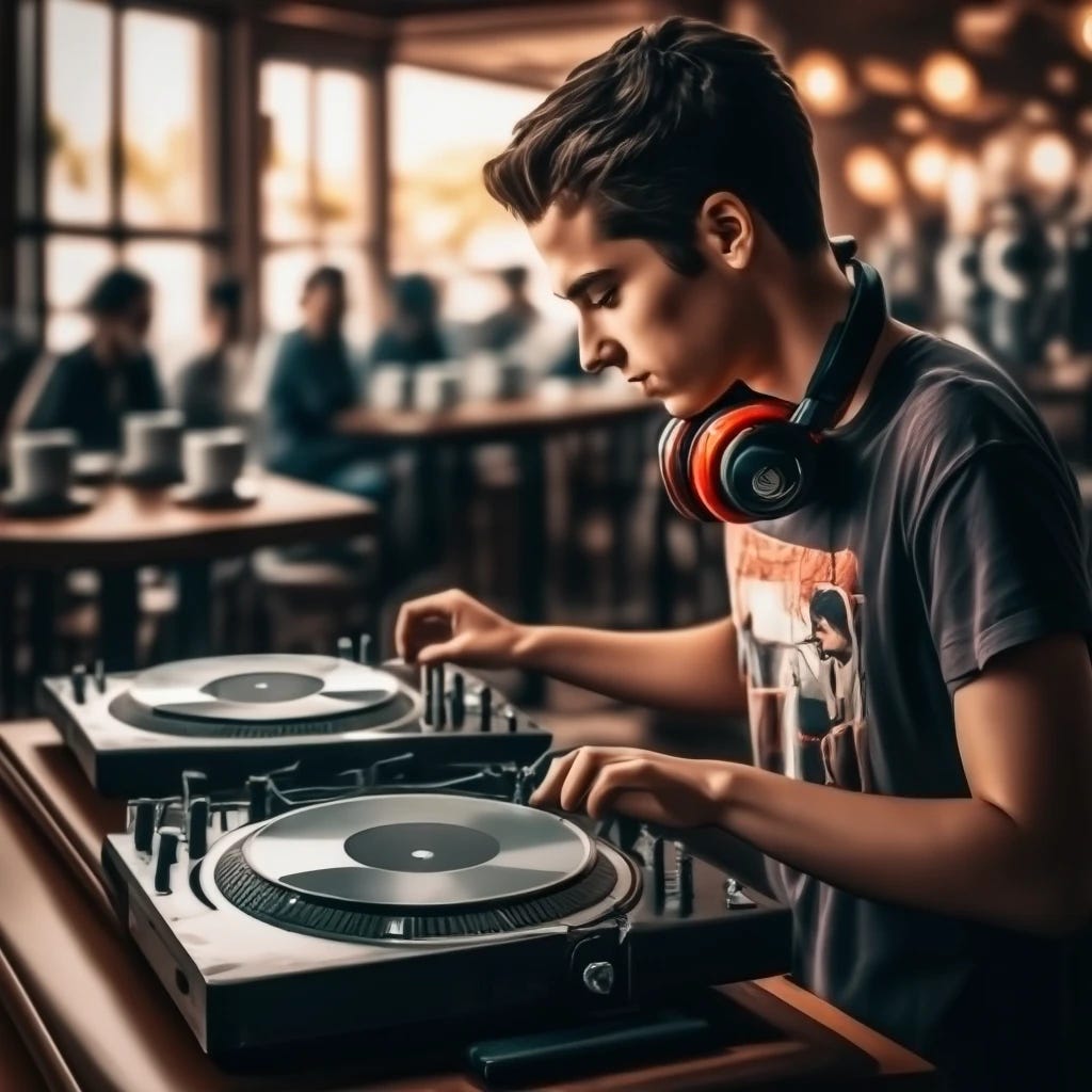 Daytime DJ mixing tracks in coffee shop