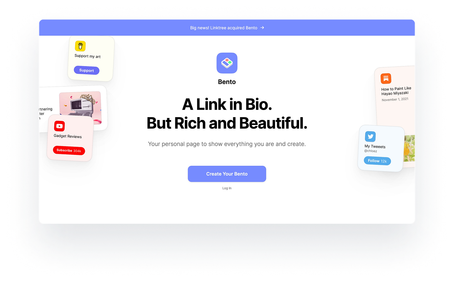 A screenshot of the website Bento, a tool used to creatively make a visually driven website. A screenshot of the website Bento, a tool used to creatively make a visually driven website.