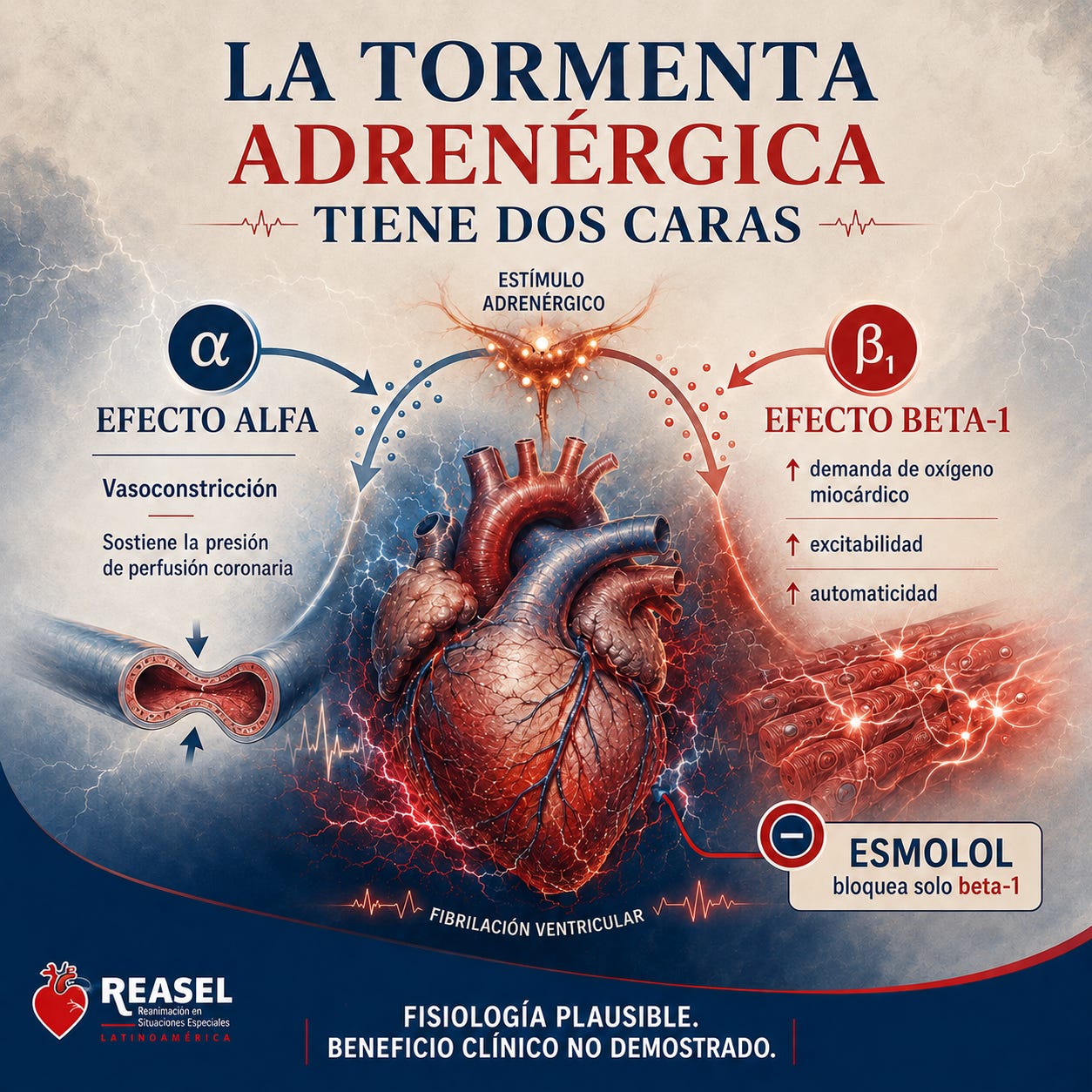 Ilustración editorial que muestra la doble cara de la tormenta adrenérgica durante la fibrilación ventricular refractaria: el efecto alfa sostiene la perfusión coronaria, mientras el efecto beta-1 incrementa excitabilidad y demanda miocárdica; el esmolol se presenta como bloqueo beta-1 de plausibilidad fisiológica, sin beneficio clínico demostrado.