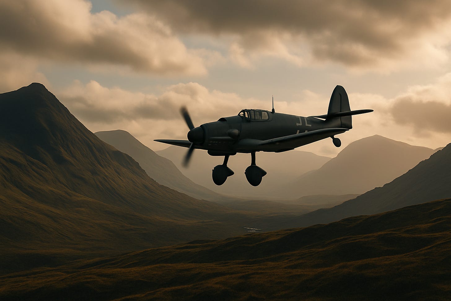 A lone bomber flies over the Scottish highlands