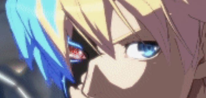 A low quality screenshot of Ky's face during his dragon install in Strive. His eye affected by the transformation is bright red while the other is still blue.