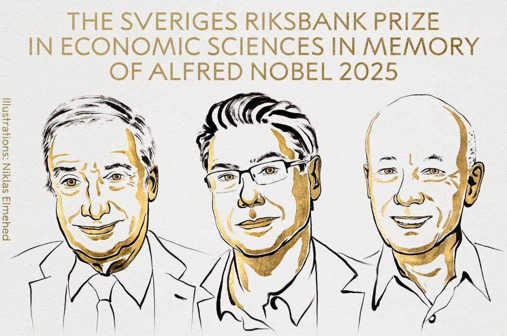 Illustration von drei Preisträgern des Wirtschaftsnobelpreises 2025 vor dem Schriftzug “The Sveriges Riksbank Prize in Economic Sciences in Memory of Alfred Nobel 2025”. Das Bild ist in goldenen und schwarzen Linien gezeichnet. Es zeigt die von der Königlich Schwedischen Akademie der Wissenschaften ausgezeichneten Ökonomen, deren Arbeiten zum innovationsgetriebenen Wachstum geehrt wurden. Quelle: Illustration von Niklas Elmehed für nobelprize.org, © Nobel Prize Outreach / The Nobel Prize 2025. https://www.nobelprize.org/prizes/economic-sciences/2025/press-release/ Illustration von drei Preisträgern des Wirtschaftsnobelpreises 2025 vor dem Schriftzug “The Sveriges Riksbank Prize in Economic Sciences in Memory of Alfred Nobel 2025”. Das Bild ist in goldenen und schwarzen Linien gezeichnet. Es zeigt die von der Königlich Schwedischen Akademie der Wissenschaften ausgezeichneten Ökonomen, deren Arbeiten zum innovationsgetriebenen Wachstum geehrt wurden. Quelle: Illustration von Niklas Elmehed für nobelprize.org, © Nobel Prize Outreach / The Nobel Prize 2025. https://www.nobelprize.org/prizes/economic-sciences/2025/press-release/