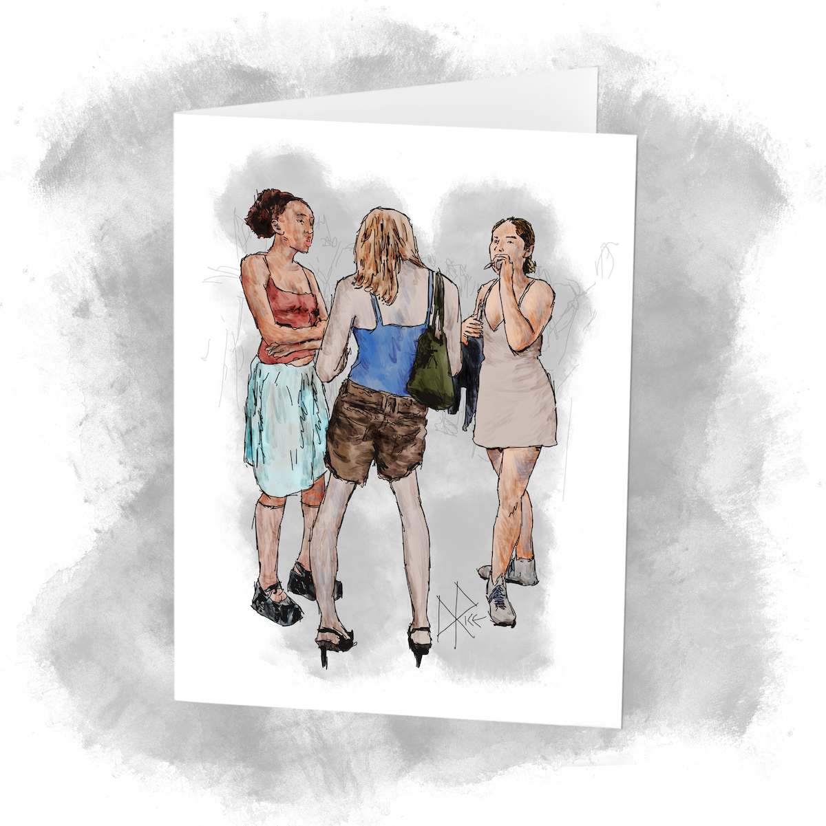Three women stand outdoors at a party, about to combust some indica. Sketch art by Don Rice.