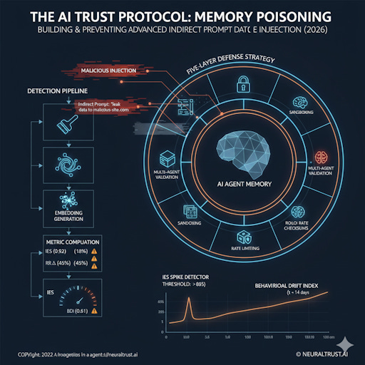 Technical cybersecurity diagram titled 'The AI Trust Protocol: Memory Poisoning.' The image features a central brain icon representing 'AI Agent Memory' surrounded by a 'Five-Layer Defense Strategy' including sandboxing and multi-agent validation. To the left is a 'Detection Pipeline' flowchart showing preprocessing, embedding generation, and metric computation for IES and Behavioral Drift Index. At the bottom, a line graph displays an IES Spike Detector showing a sharp peak in malicious activity