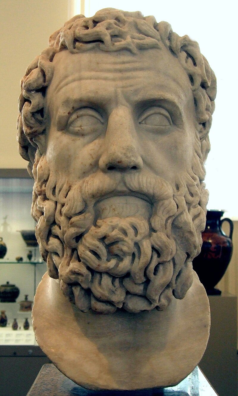 Bust of a bearded man, possibly Archilochus. Roman copy (c. 2nd century BC) of Greek original (4th century BC). Bust of a bearded man, possibly Archilochus. Roman copy (c. 2nd century BC) of Greek original (4th century BC).