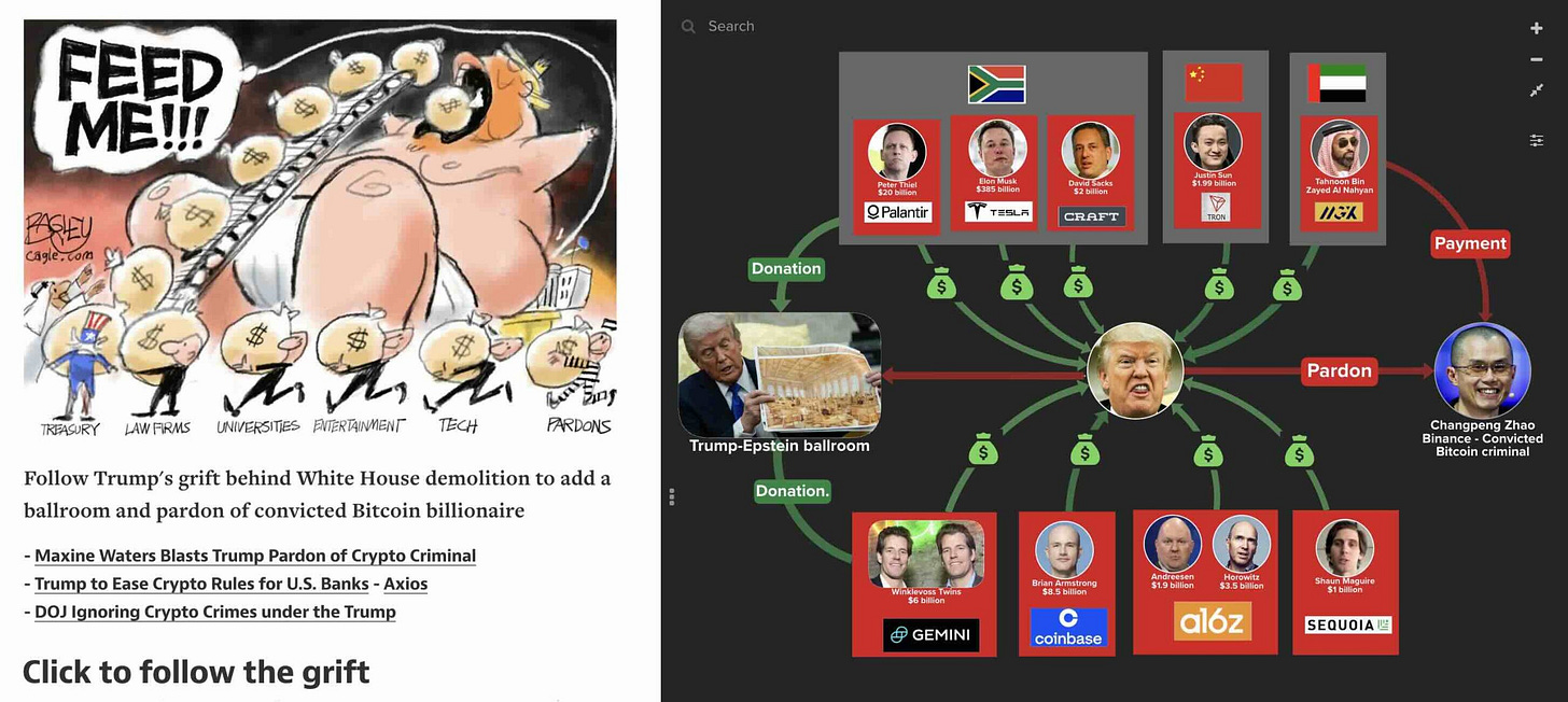 Follow Trump's grift behind White House demolition to add a ballroom and pardoning a convicted Bitcoin billionaire