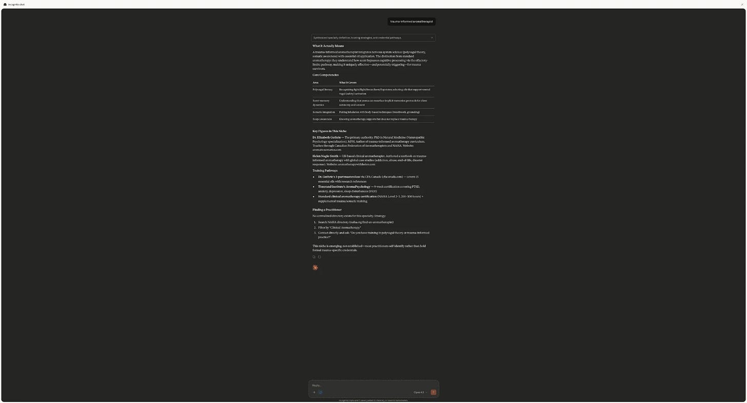 The Visible Practitioner GEO case study screenshot January 2026. Claude AI national aromatherapist results.