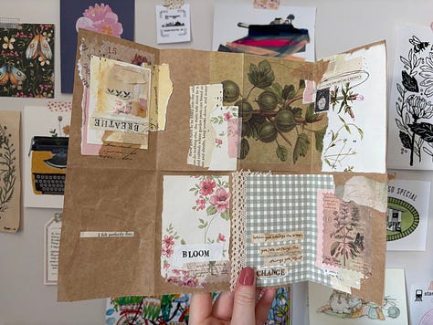 Pages of a mixed-media collage zine made from brown paper.