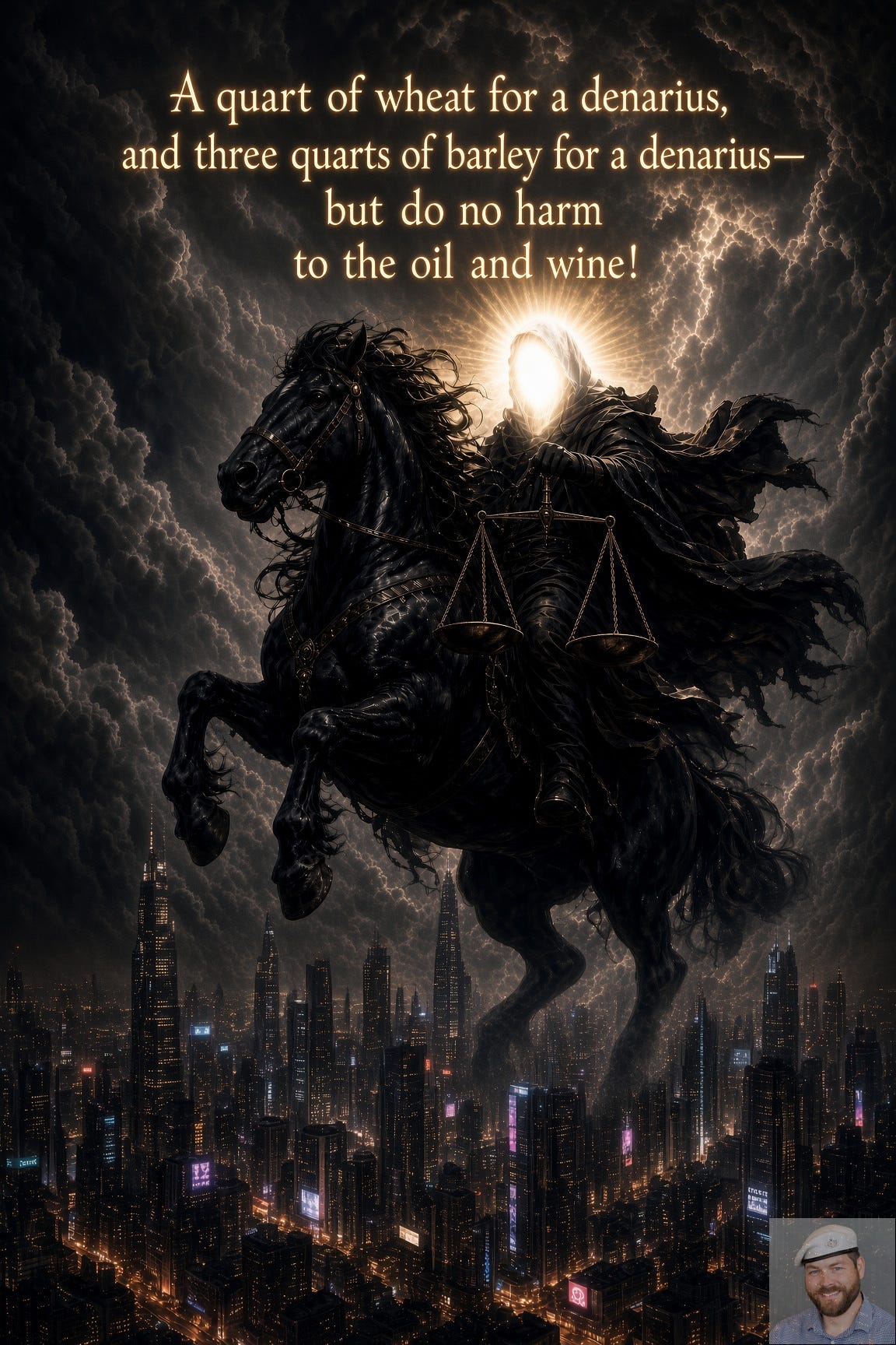 A dramatic apocalyptic illustration shows a hooded, faceless rider with a glowing halo-like head astride a rearing black horse in a stormy sky, holding a set of hanging balance scales. Below is a sprawling futuristic city skyline lit by neon and streetlights. At the top, large text reads: “A quart of wheat for a denarius, and three quarts of barley for a denarius—but do no harm to the oil and wine!” A dramatic apocalyptic illustration shows a hooded, faceless rider with a glowing halo-like head astride a rearing black horse in a stormy sky, holding a set of hanging balance scales. Below is a sprawling futuristic city skyline lit by neon and streetlights. At the top, large text reads: “A quart of wheat for a denarius, and three quarts of barley for a denarius—but do no harm to the oil and wine!”