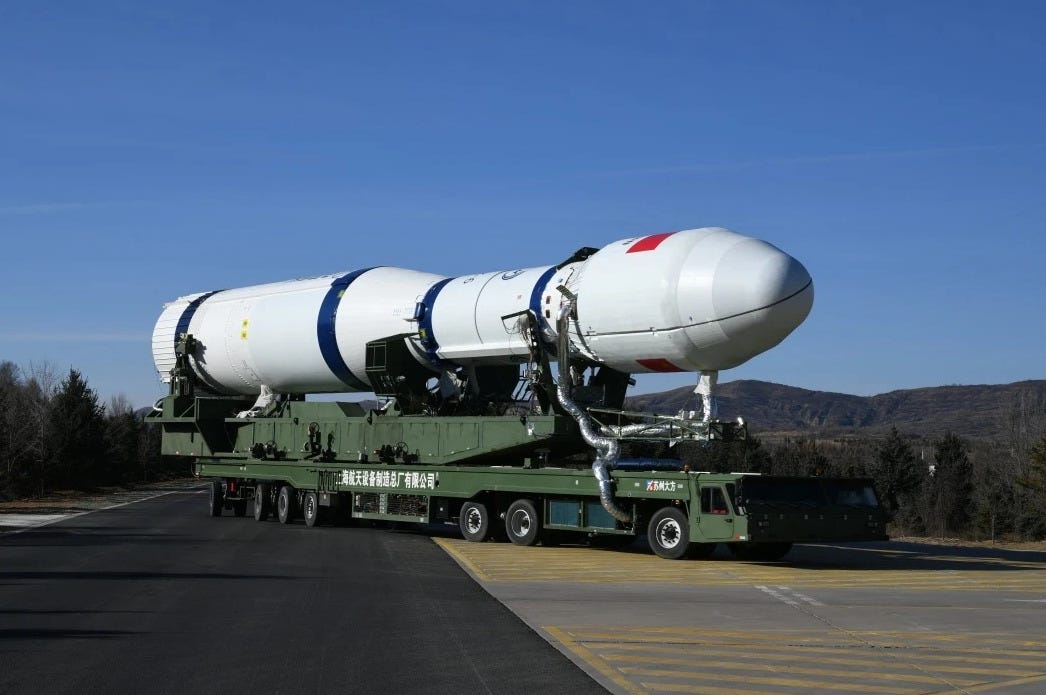 The Long March 6 Y14 vehicle being transported to the launch pad.