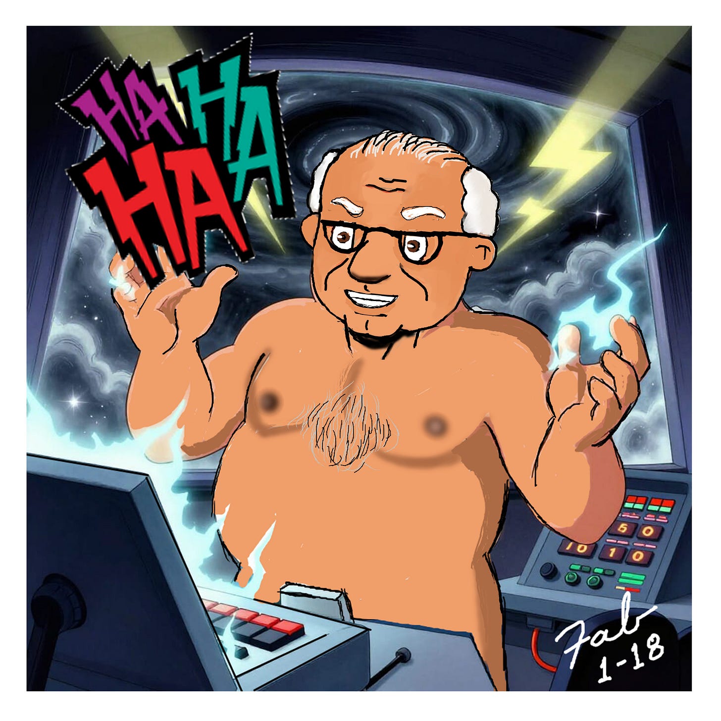 Panel 6: Mayor Grimley, nude and grinning mischievously, stands at a control console surrounded by crackling energy and storm imagery, laughing maniacally as he manipulates the weather controls. Panel 6: Mayor Grimley, nude and grinning mischievously, stands at a control console surrounded by crackling energy and storm imagery, laughing maniacally as he manipulates the weather controls.