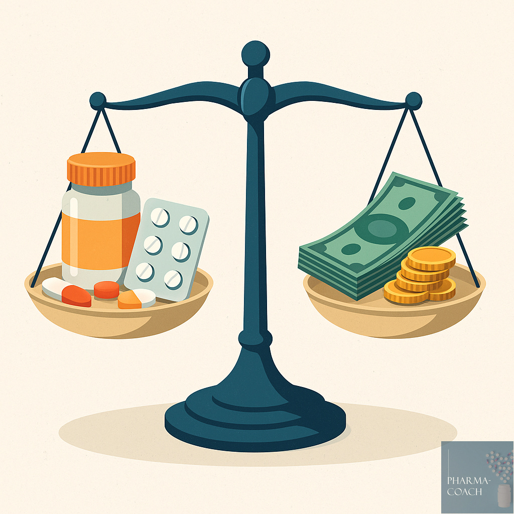 Ilustrație stilizată cu o balanță dezechilibrată: pe un taler se află pastile și suplimente, iar pe celălalt bancnote și monede, simbolizând dezechilibrul dintre sănătate și bani