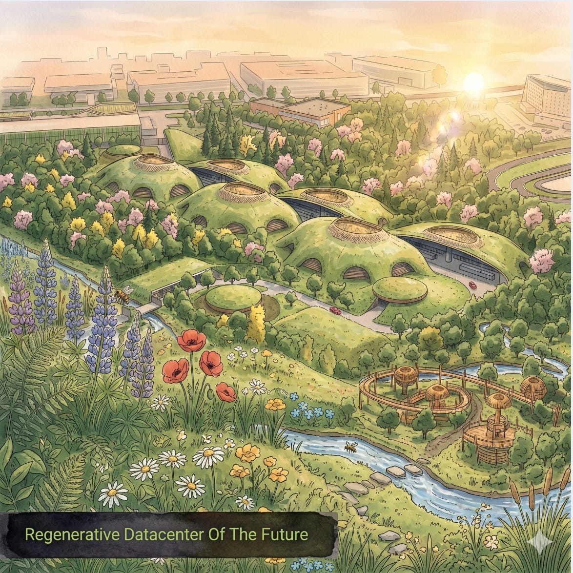 An image showing grassy hills dotted with flowers and a river, with grass-covered mounds that are actually data centers located in a parklike setting outside a city.