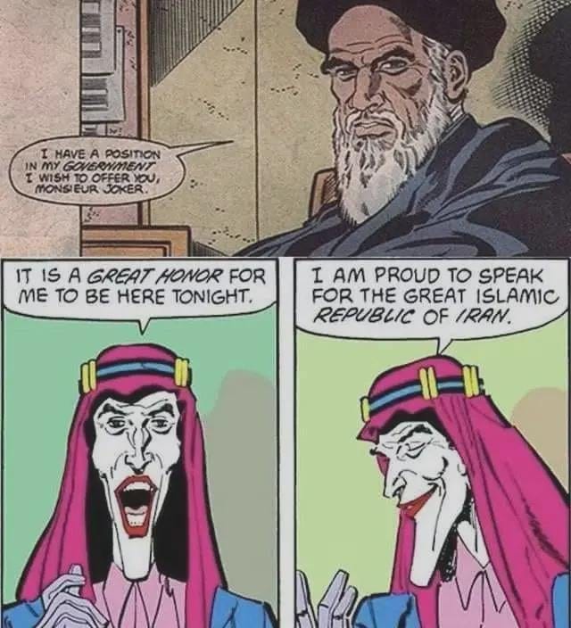 r/DCcomics - I HAVE A POSITION IN MY GOVERNMENT I WISH TO OFFER YOU, MONSIEUR JOKER. IT IS A GREAT HONOR FOR ME TO BE HERE TONIGHT. I AM PROUD TO SPEAK FOR THE GREAT ISLAMIC REPUBLIC OF IRAN.