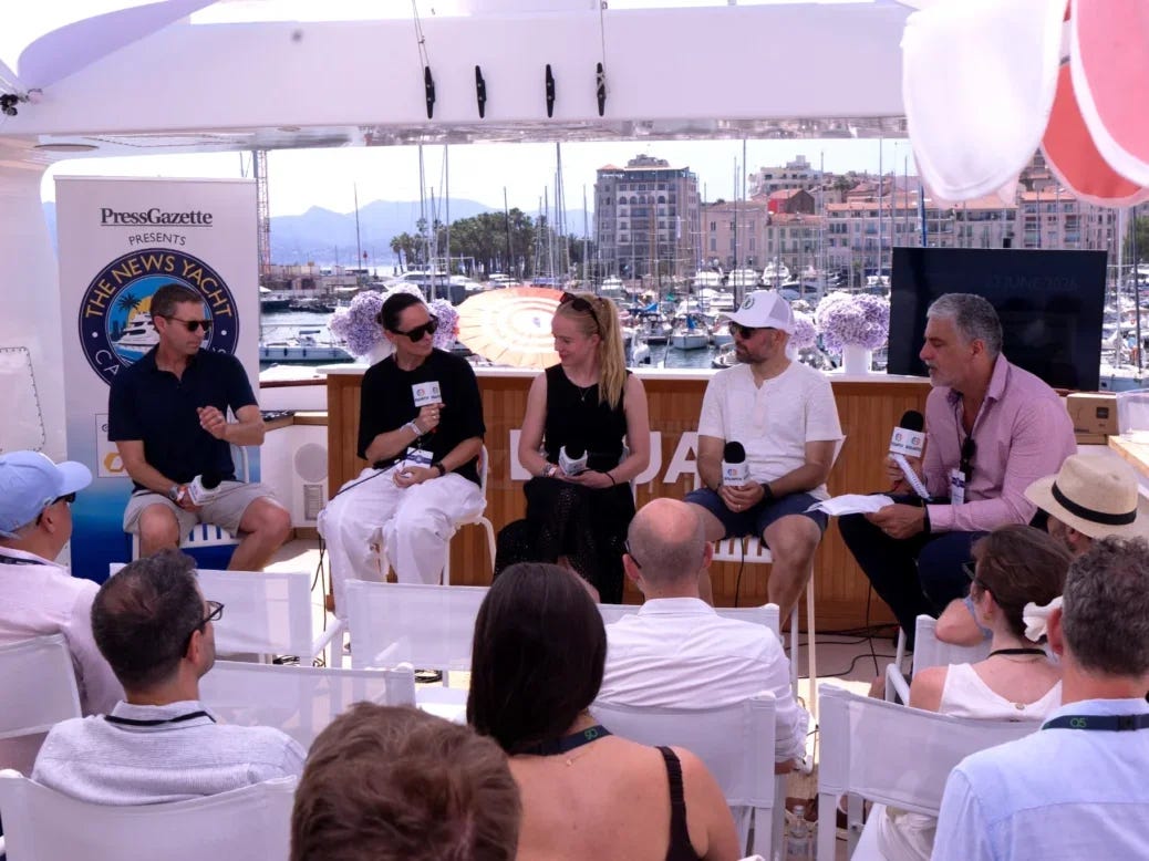 Pictured (left to right) on Press Gazette News Yacht at Cannes on 23 June: Mark Howard, COO, Time; Imogen Fox, global chief advertising officer, The Guardian; Isabel Perry, global EVP of strategy, Dept; Michael Sadicario, EVP, Enterprise Media & Retail Partnerships, North America, Equativ; Dominic Ponsford, Press Gazette who discussed AI revenue drivers
