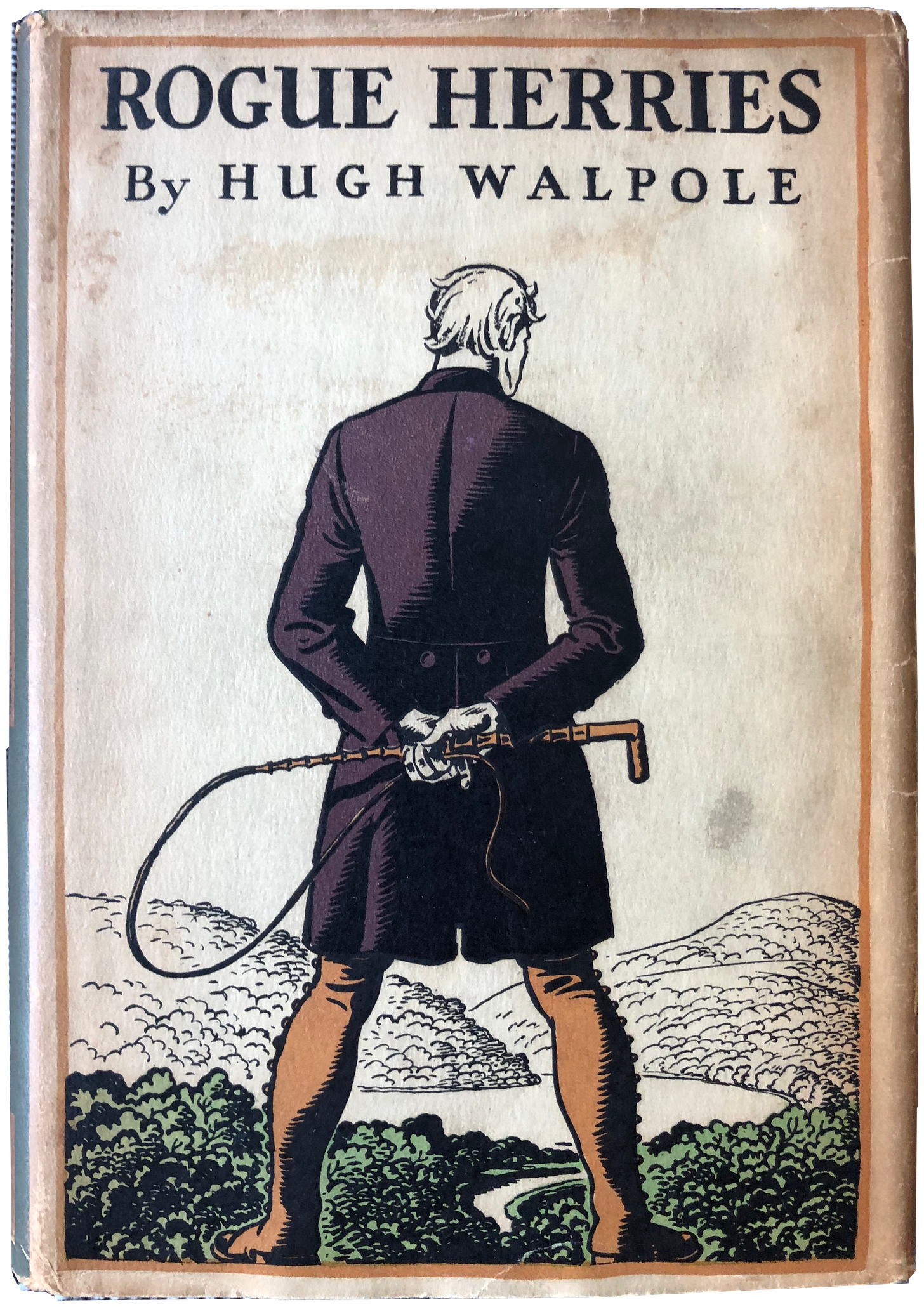 man in 18th century clothes with whip looking out over Derwent Water