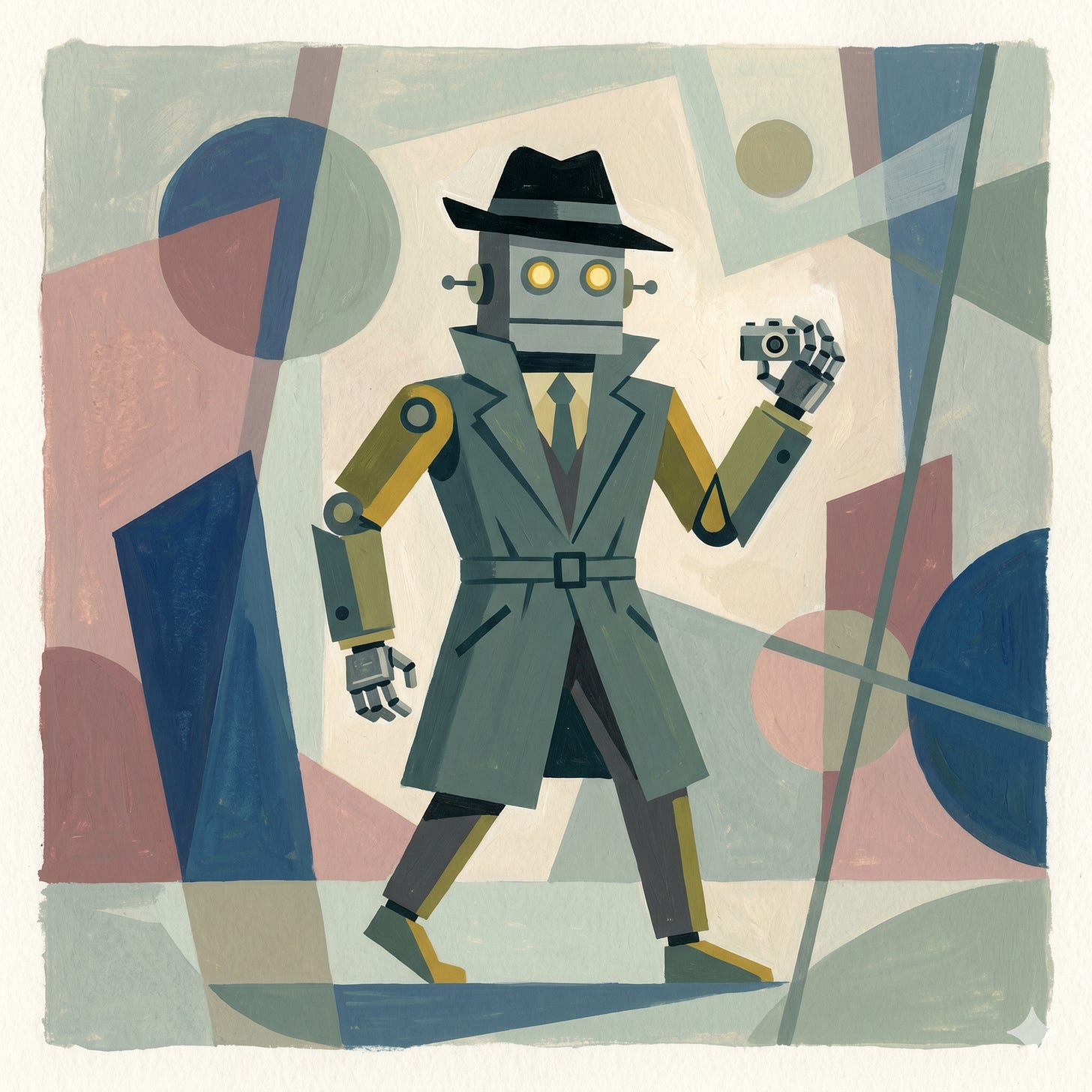 A mid-century modern retro-futuristic illustration of a square-headed robot dressed as a 1950s secret agent.