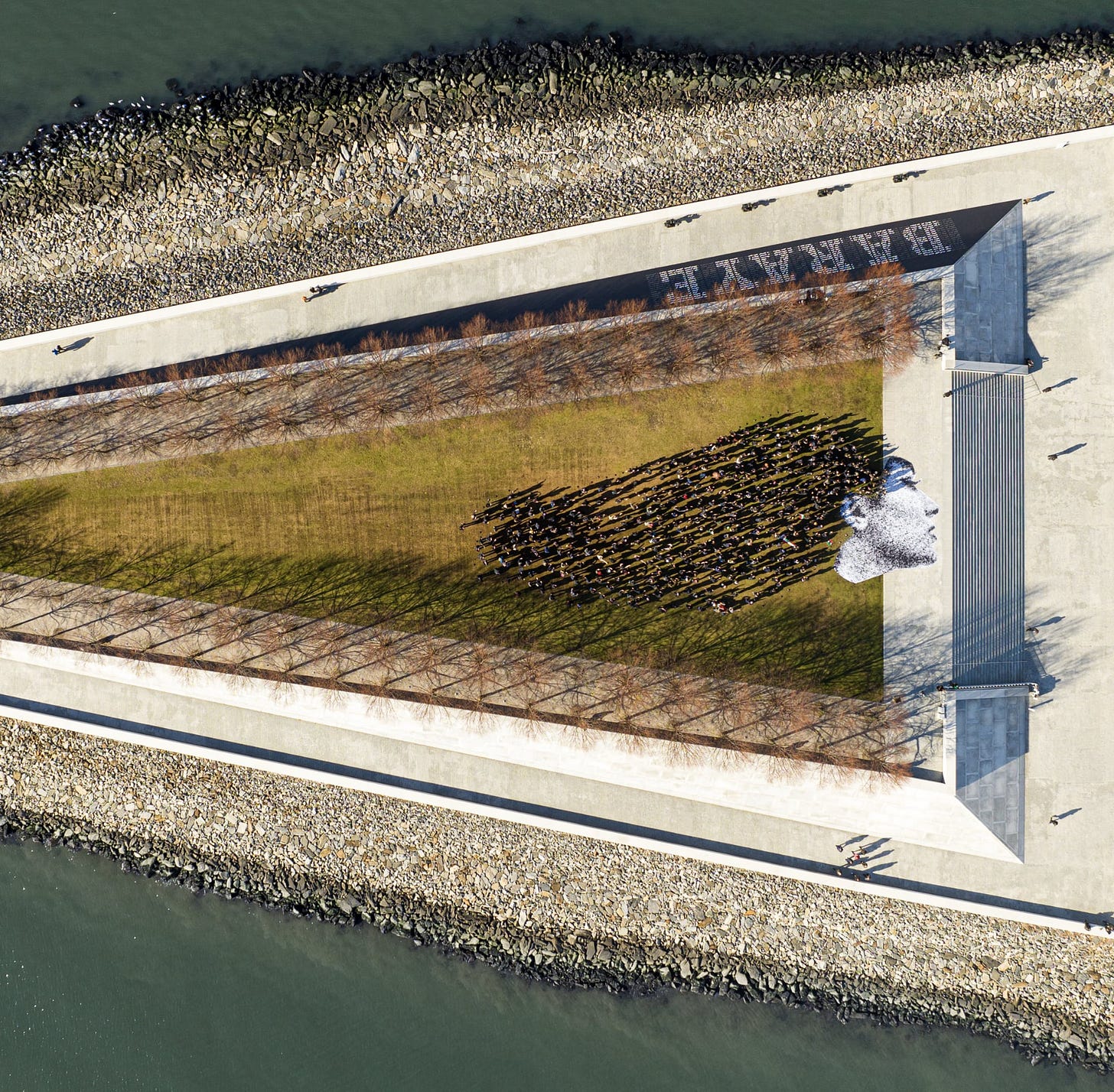 An aerial photo of people forming the hair of a woman's silhouette on the ground