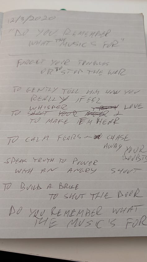 Images of my songwriting journal with the lyrics for my song, Do You Remember What The Music's For
