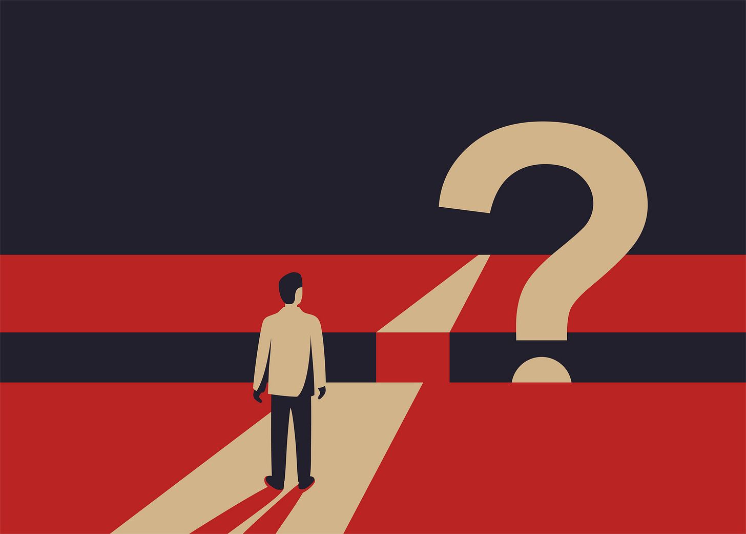Illustration of a man staring across an abyss at a question mark