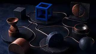 Dark tabletop arrangement of connected copper lines and geometric forms, centred on a blue open cube