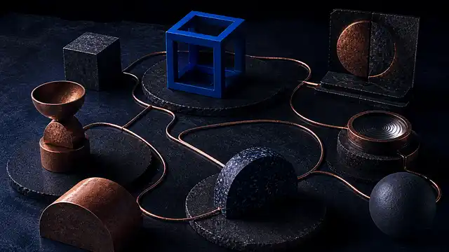 Dark tabletop arrangement of connected copper lines and geometric forms, centred on a blue open cube