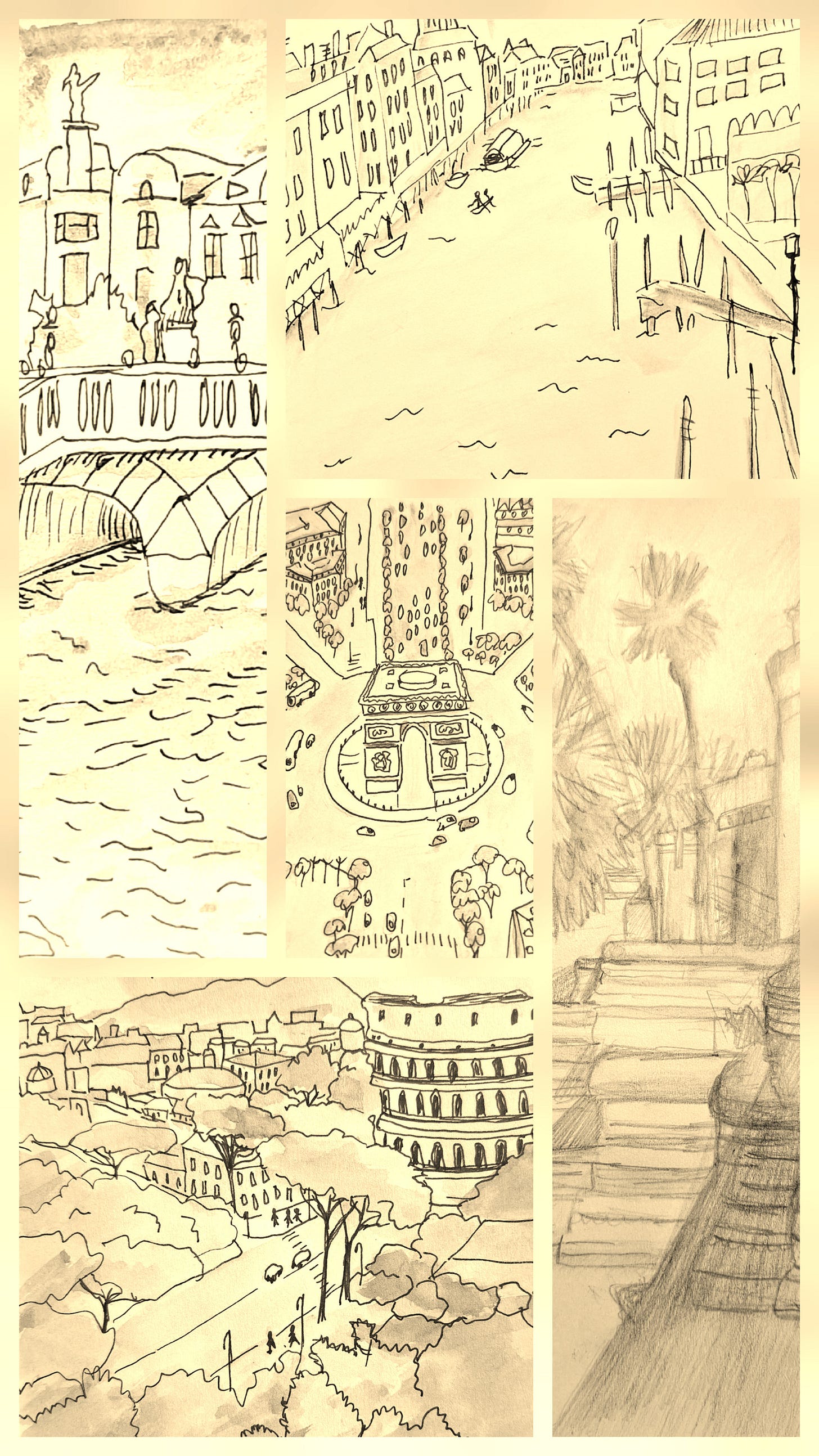 Sepia coloured sketches from around the globe of cities heating up.  Includes Ljubljana, Venice, Paris, Siem Reap and Rome..