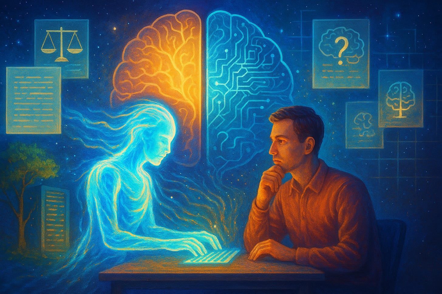 A human sits beside a luminous AI assistant made of light and code, surrounded by floating documents and a glowing brain split between biological and digital halves. The scene blends nature and technology, symbolizing thoughtful collaboration between artificial and human intelligence.
