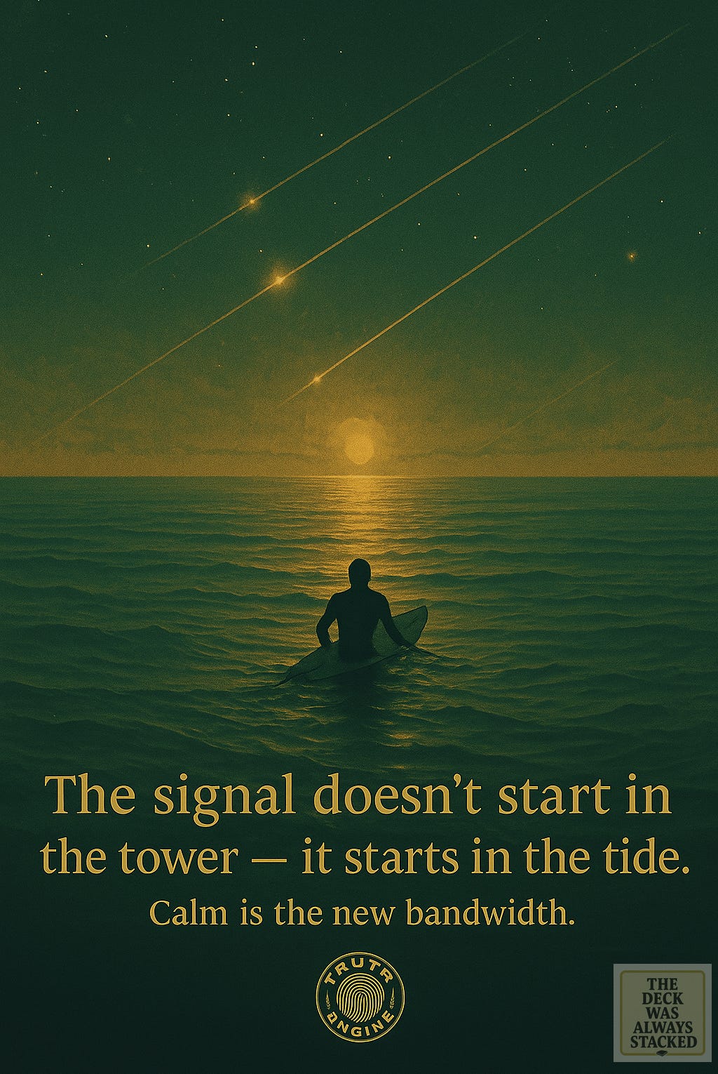 Hybrid of surreal photography + minimal vector geometry (spiral / wave / eye).Color field: Gold-Green gradient (#C7A969 → #2A1E18 → #0E0D0C).Texture: Matte paper finish.Typography: Serif headers (Cinzel / Playfair), sans-serif body (DM Sans / Montserrat).Watermark space: Lower center, Truth Engine | Creator Human.  Hero Motifs to Reuse: