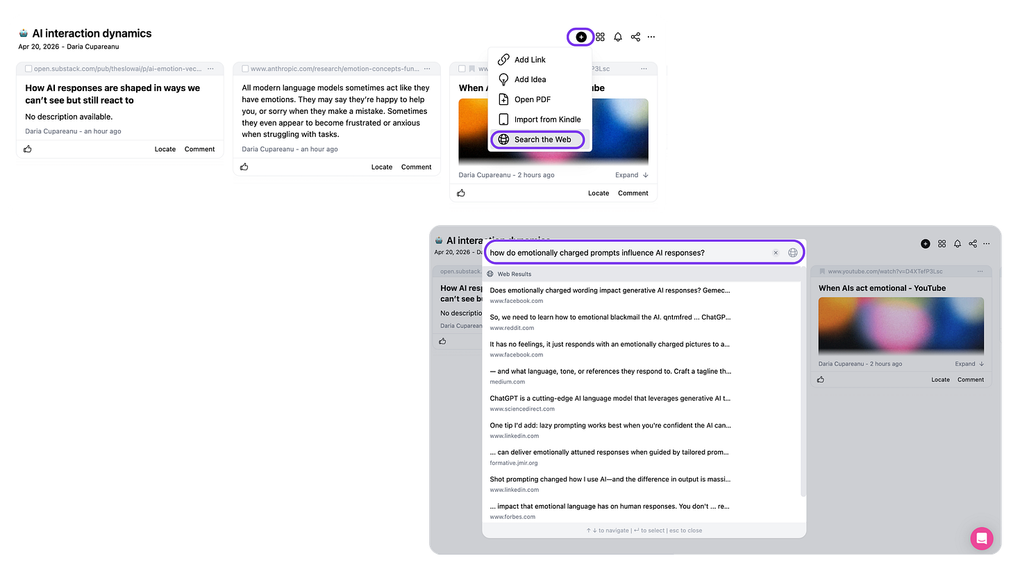 Screenshot showing Cluing project interface where the user opens the add menu selects search the web and enters a query about emotionally charged prompts to find and add relevant research sources