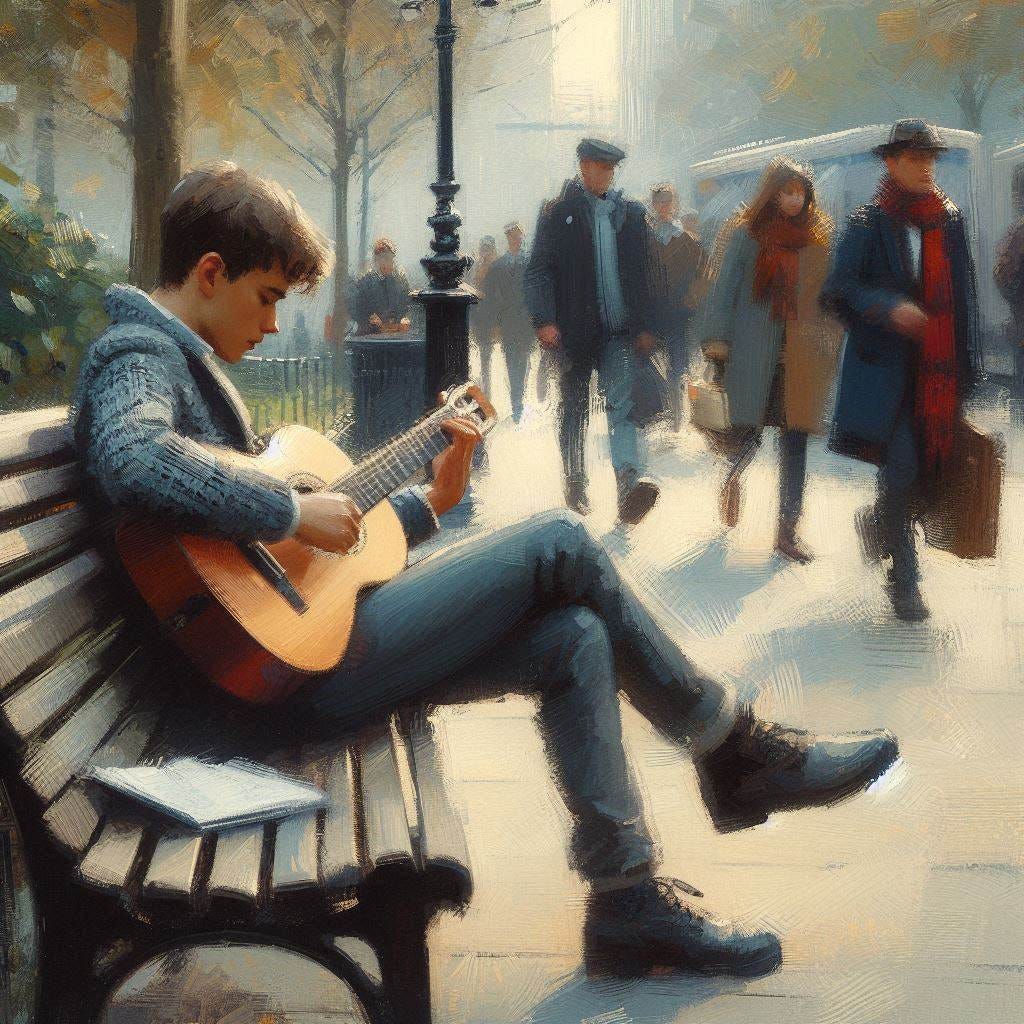 A young man plays his guitar on a park bench. People walk past him and no one is looking at him or paying him any attention. Slight impressionist style.