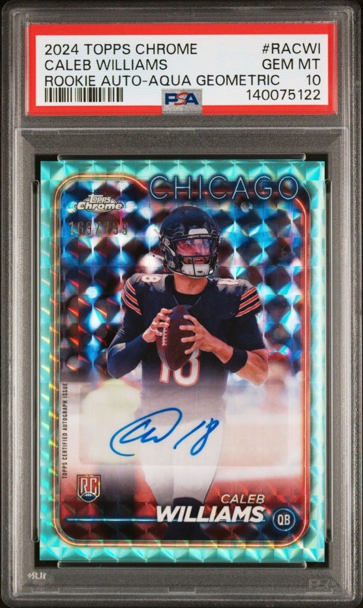 2024 Caleb Williams Topps Chrome Aqua Geometric Auto Rookie Card /199 PSA 10 2024 Caleb Williams Topps Chrome Aqua Geometric Auto Rookie Card /199 PSA 10
