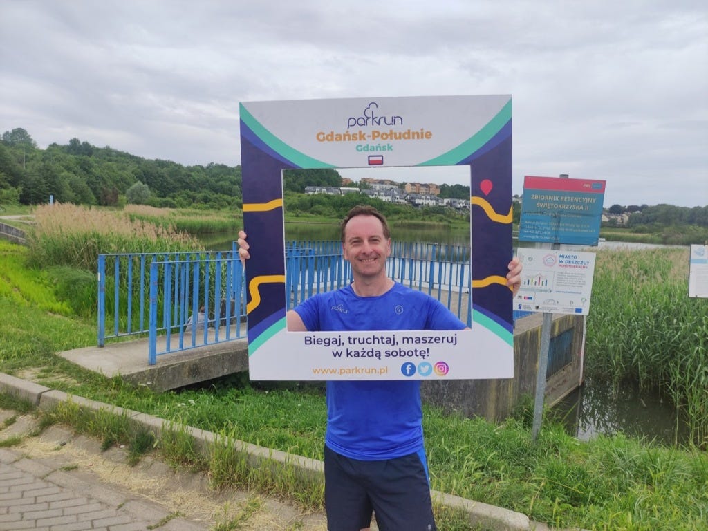 Me, in a parkrun Gdańsk Południe frame by the lake